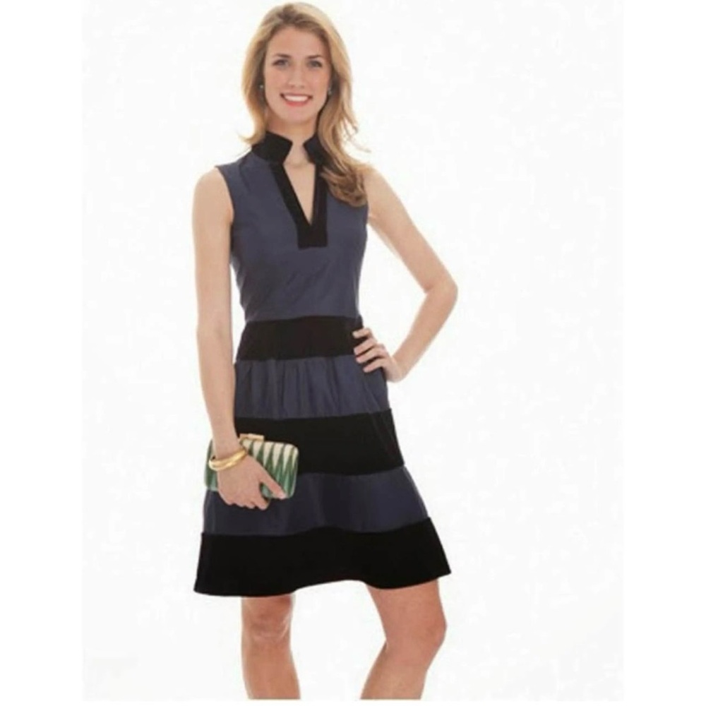 Sail to Sable Navy Velvet and Cotton Dress, Size S Fit And Flair Sleeveless Knee